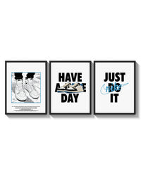 Nike "Have a Nice Day" Sneaker Poster Set of 3 arranged on a bright gallery wall