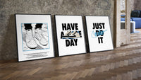 Nike "Have a Nice Day" Sneaker Poster Set of 3 leaning on parquet beside a vintage loft door