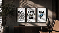 Nike "Have a Nice Day" Sneaker Poster Set of 3 in walnut frames above a sideboard in a warm room