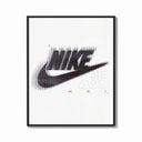 Framed Blurred Nike swoosh logo print shown as a bold statement piece on a clean gallery wall