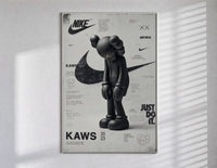 KAWS Companion figure standing poster in a slim frame on a bright wall with soft window light