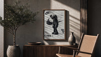 KAWS Companion figure standing poster framed above a fluted sideboard beside an olive tree