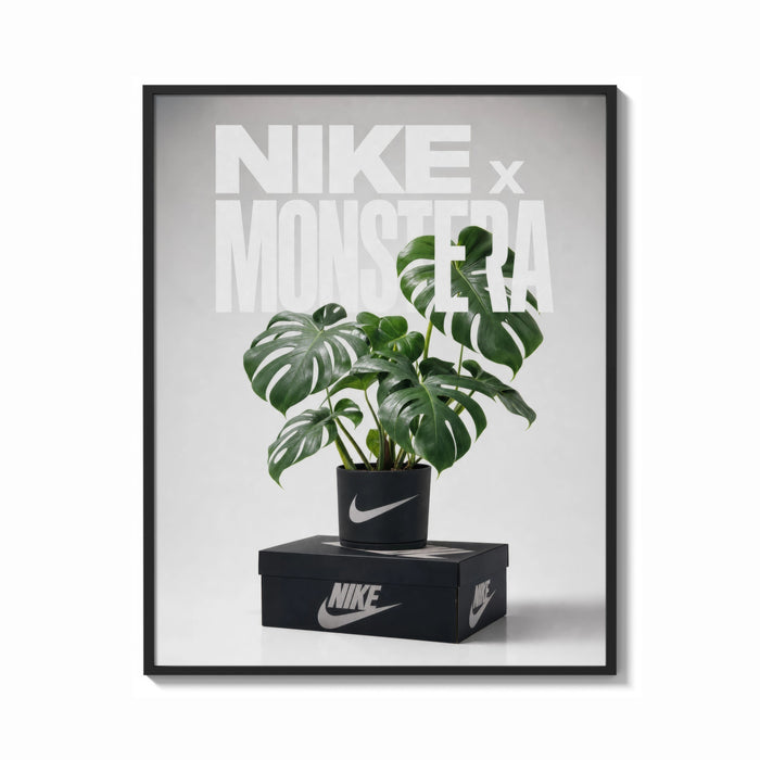 Framed Monstera plant in Nike pot print shown as a bold statement piece on a clean gallery wall