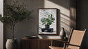 Monstera plant in Nike pot poster framed above a fluted sideboard beside an olive tree