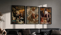 winged crowned angel youths seated triptych in three black frames on a grey wall above a leather sofa