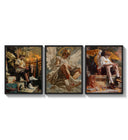 winged crowned angel youths seated three-panel set arranged as a triptych on a bright gallery wall