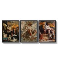 winged crowned angel youths seated three-panel set arranged as a triptych on a bright gallery wall