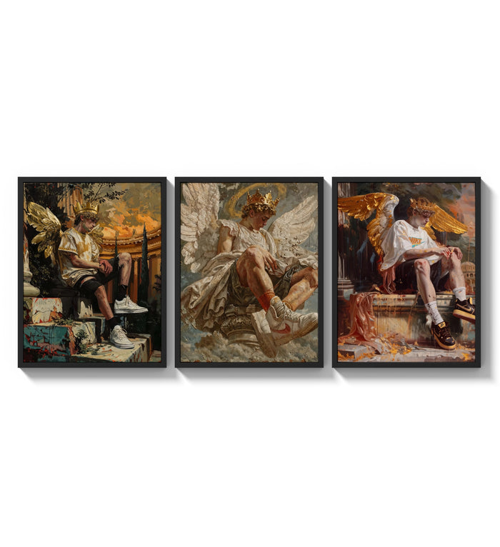 winged crowned angel youths seated three-panel set arranged as a triptych on a bright gallery wall