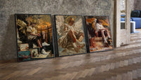 winged crowned angel youths seated three-piece set leaning on parquet beside a vintage loft door
