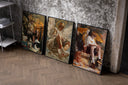 winged crowned angel youths seated set of three black-framed prints leaning against a raw-plaster wall