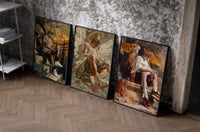 winged crowned angel youths seated set of three black-framed prints leaning against a raw-plaster wall