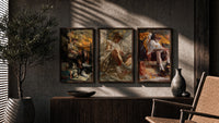winged crowned angel youths seated triptych in three walnut frames above a sideboard in a warm room
