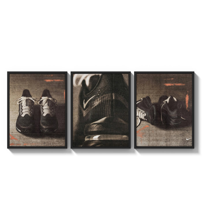 Nike running shoes triptych three-panel set arranged as a triptych on a bright gallery wall