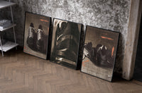 Nike running shoes triptych set of three black-framed prints leaning against a raw-plaster wall