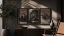 Nike running shoes triptych triptych in three walnut frames above a sideboard in a warm room