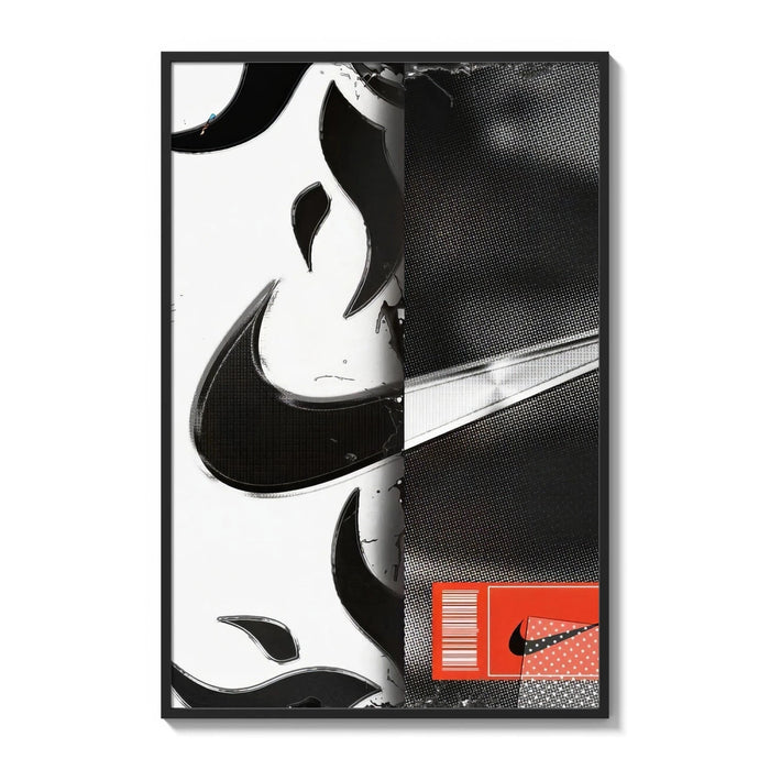Nike swoosh logo athletic shoe design poster framed on a white gallery wall