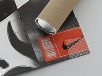 Matte paper-texture close-up of the Nike swoosh logo athletic shoe design print