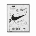 Framed Nike Swoosh logo design study print shown as a bold statement piece on a clean gallery wall