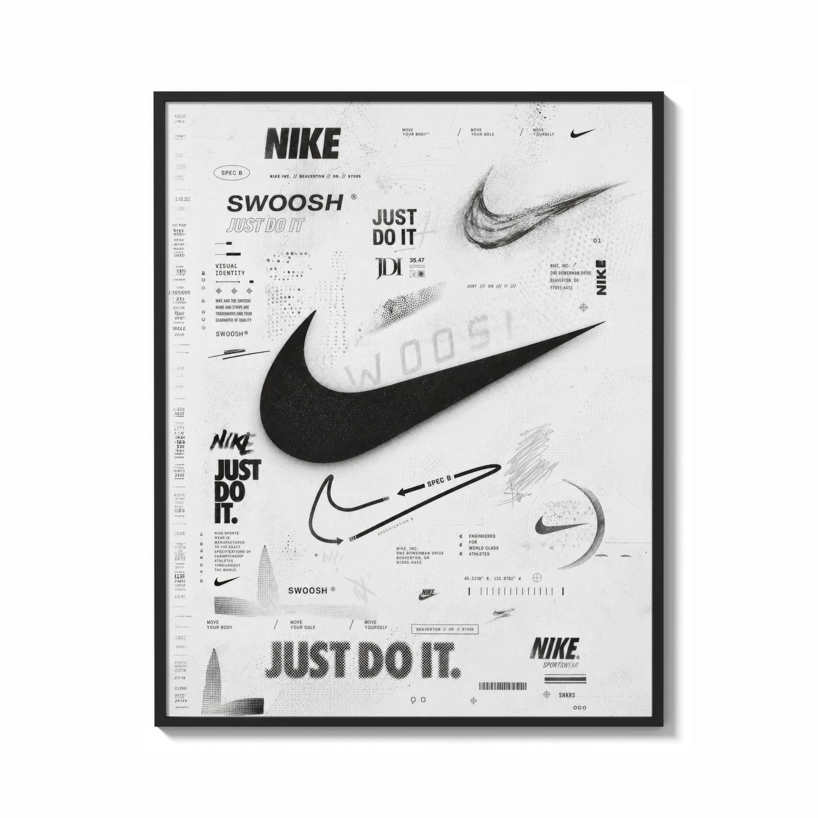 Framed Nike Swoosh logo design study print shown as a bold statement piece on a clean gallery wall