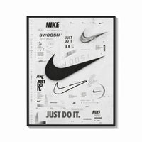 Framed Nike Swoosh logo design study print shown as a bold statement piece on a clean gallery wall