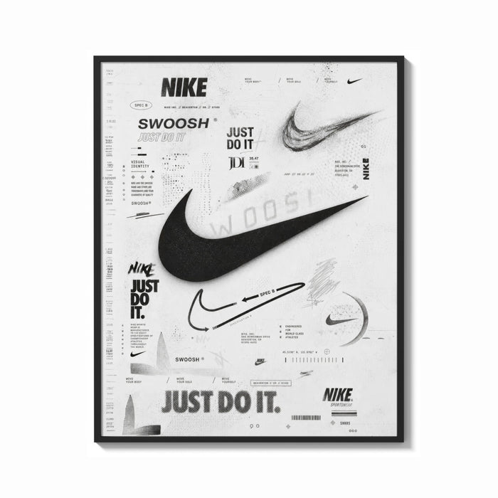 Framed Nike Swoosh logo design study print shown as a bold statement piece on a clean gallery wall