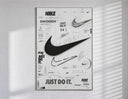 Nike Swoosh logo design study poster in a slim frame on a bright wall with soft window light