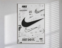 Nike Swoosh logo design study poster in a slim frame on a bright wall with soft window light