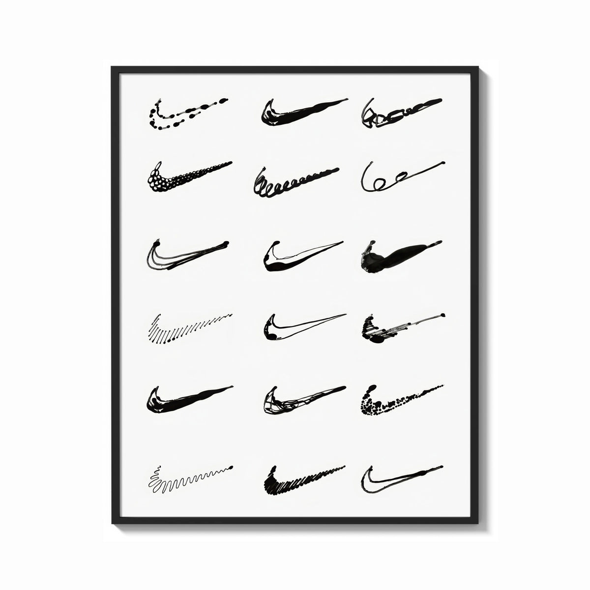 Framed Various hand-drawn Nike swoosh logos print shown as a bold statement piece on a clean gallery wall