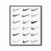 Framed Various hand-drawn Nike swoosh logos print shown as a bold statement piece on a clean gallery wall