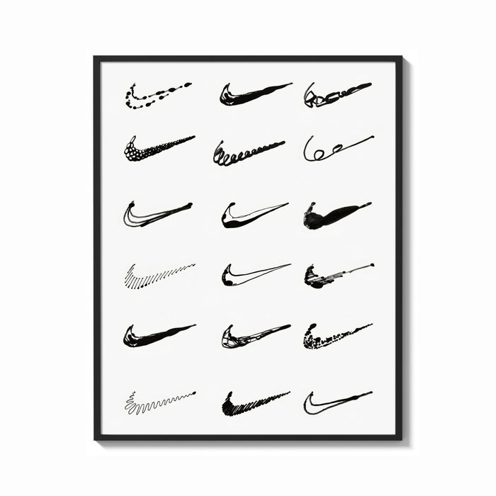 Framed Various hand-drawn Nike swoosh logos print shown as a bold statement piece on a clean gallery wall