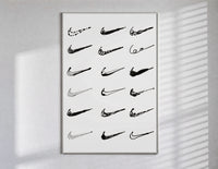 Various hand-drawn Nike swoosh logos poster in a slim frame on a bright wall with soft window light