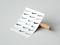 Rolled Various hand-drawn Nike swoosh logos poster beside its crush-resistant kraft shipping tube