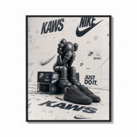 Framed KAWS Companion figure and sneaker print shown as a bold statement piece on a clean gallery wall
