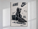 KAWS Companion figure and sneaker poster in a slim frame on a bright wall with soft window light
