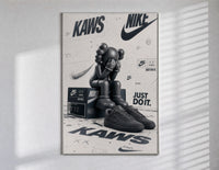 KAWS Companion figure and sneaker poster in a slim frame on a bright wall with soft window light