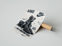 Rolled KAWS Companion figure and sneaker poster beside its crush-resistant kraft shipping tube