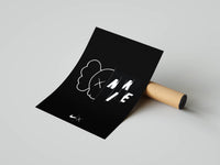 NIKE x KAWS split design print with Companion silhouette shown next to a rolled cardboard tube