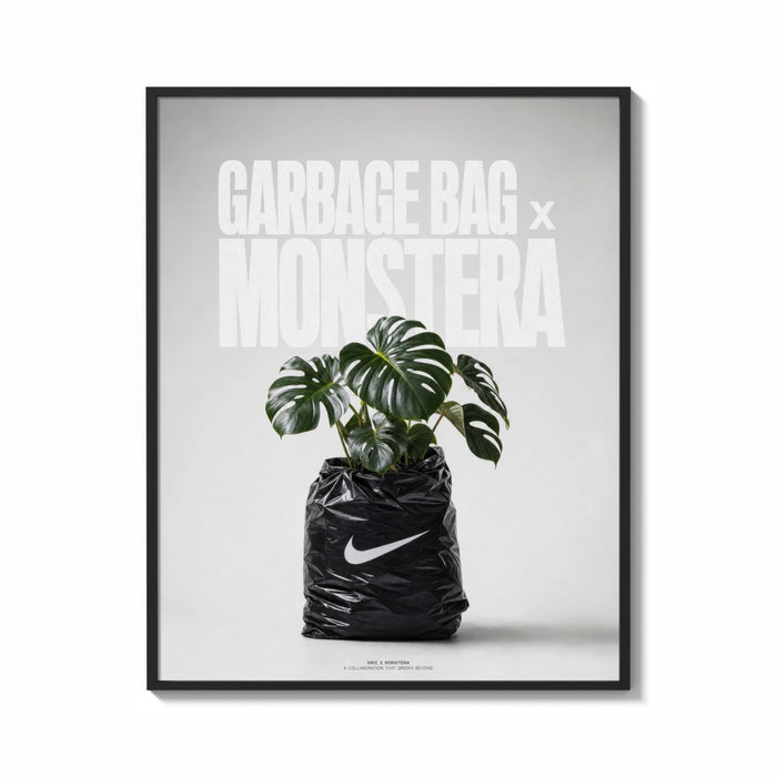 Framed Monstera plant in Nike garbage bag print shown as a bold statement piece on a clean gallery wall