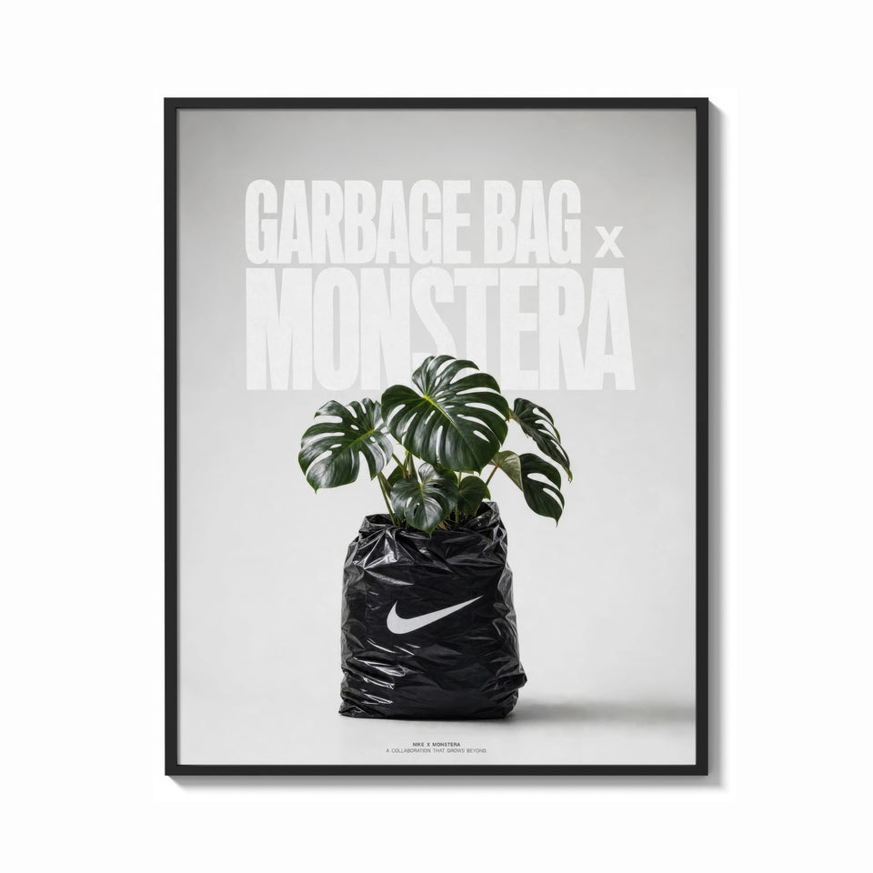Framed Monstera plant in Nike garbage bag print shown as a bold statement piece on a clean gallery wall