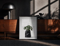 Black-framed Monstera plant in Nike garbage bag print on a moody console with designer coffee-table books