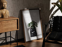 Walnut-framed Monstera plant in Nike garbage bag print leaning against a sunlit rustic brick wall