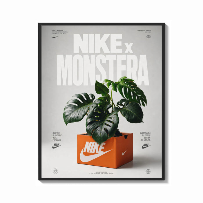 Framed Monstera plant in Nike shoe box print shown as a bold statement piece on a clean gallery wall