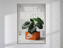 Monstera plant in Nike shoe box poster in a slim frame on a bright wall with soft window light