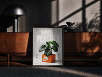 Black-framed Monstera plant in Nike shoe box print on a moody console with designer coffee-table books