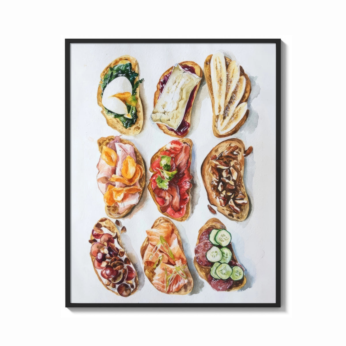 Framed Nine Crostini Grid print shown as a bold statement piece on a clean gallery wall