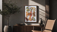 Nine Crostini Grid poster framed above a fluted sideboard beside a potted tree