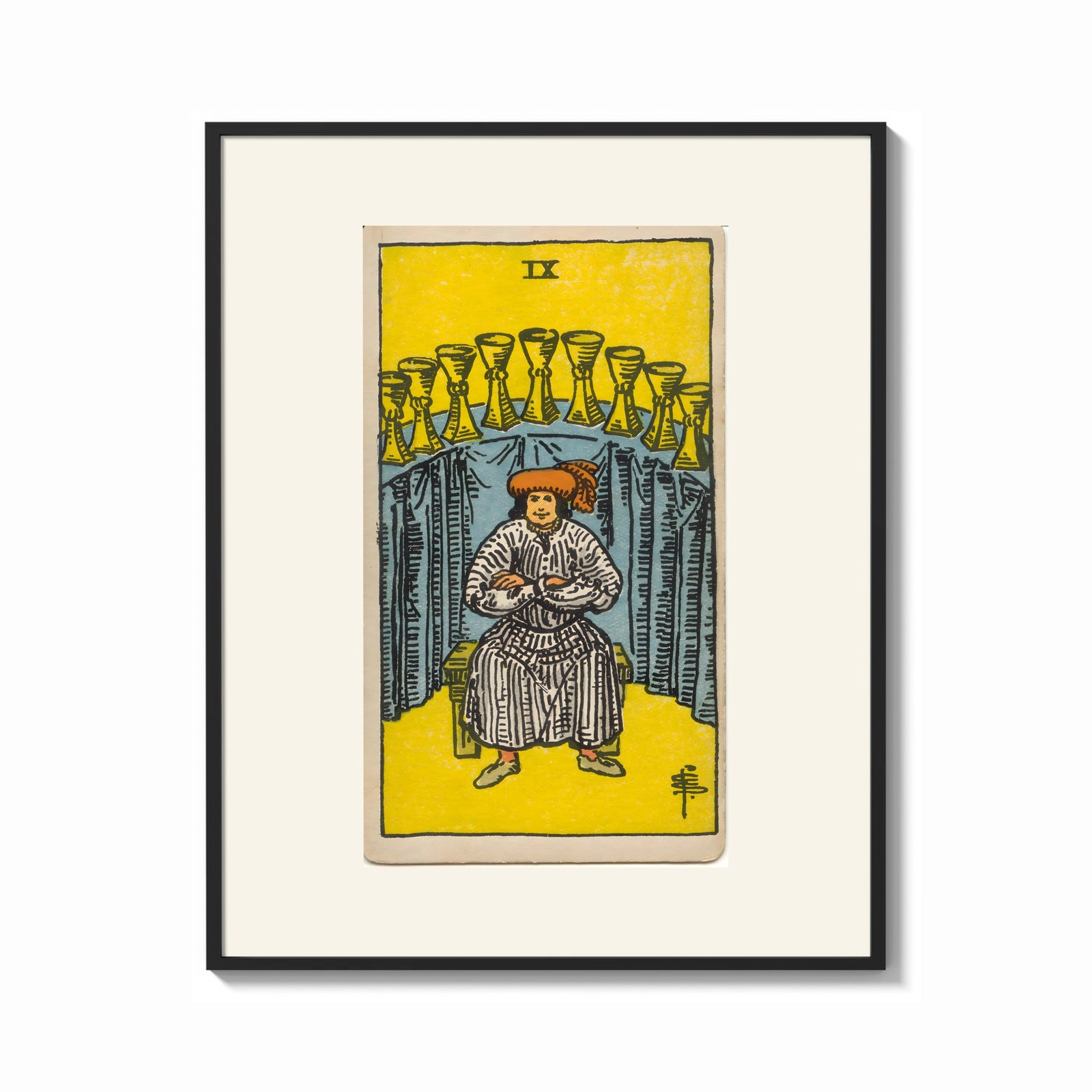 Framed Seated man before nine golden cups print shown as a bold statement piece on a clean gallery wall