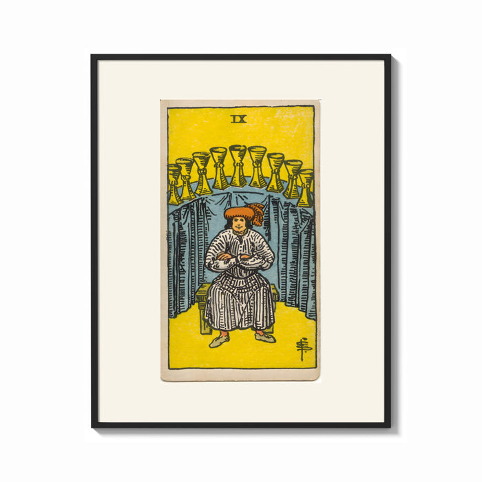 Framed Seated man before nine golden cups print shown as a bold statement piece on a clean gallery wall