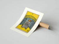 Rolled Seated man before nine golden cups poster beside its crush-resistant kraft shipping tube