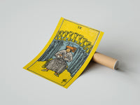 Gently curled Nine of Cups print beside its protective shipping tube